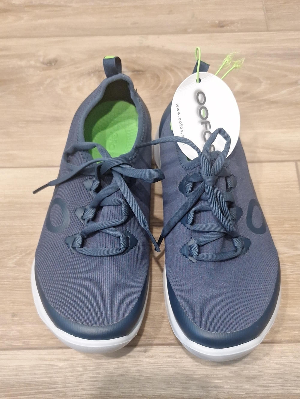OOFOS OOMG Sport LS Woman Moroccan Blue Knit Lace-Up Shoes with Lime Insole 6.5
